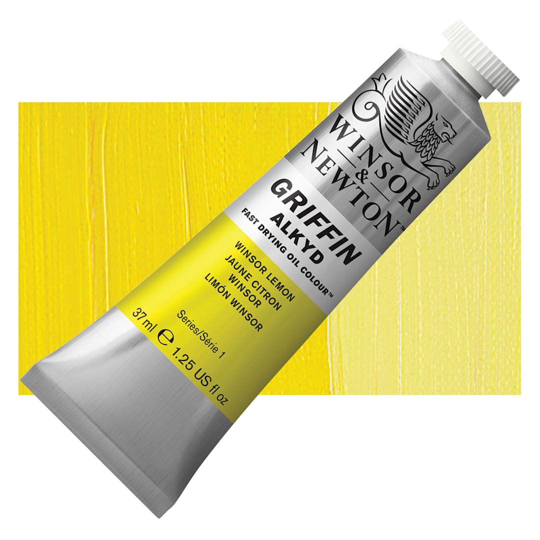 Open in modal - Winsor & Newton Griffin Alkyd - Winsor Lemon, 37 ml tube and swatch