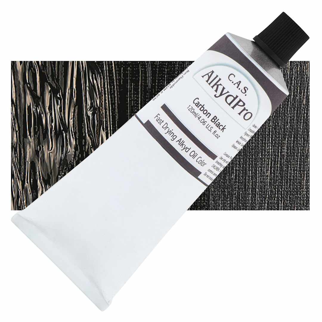 Open in modal - CAS AlkydPro Fast-Drying Alkyd Oil Color - Carbon Black, 120 ml tube and swatch