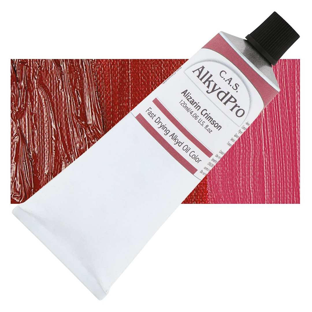 Open in modal - CAS AlkydPro Fast-Drying Alkyd Oil Color - Alizarin Crimson, 120 ml tube and swatch