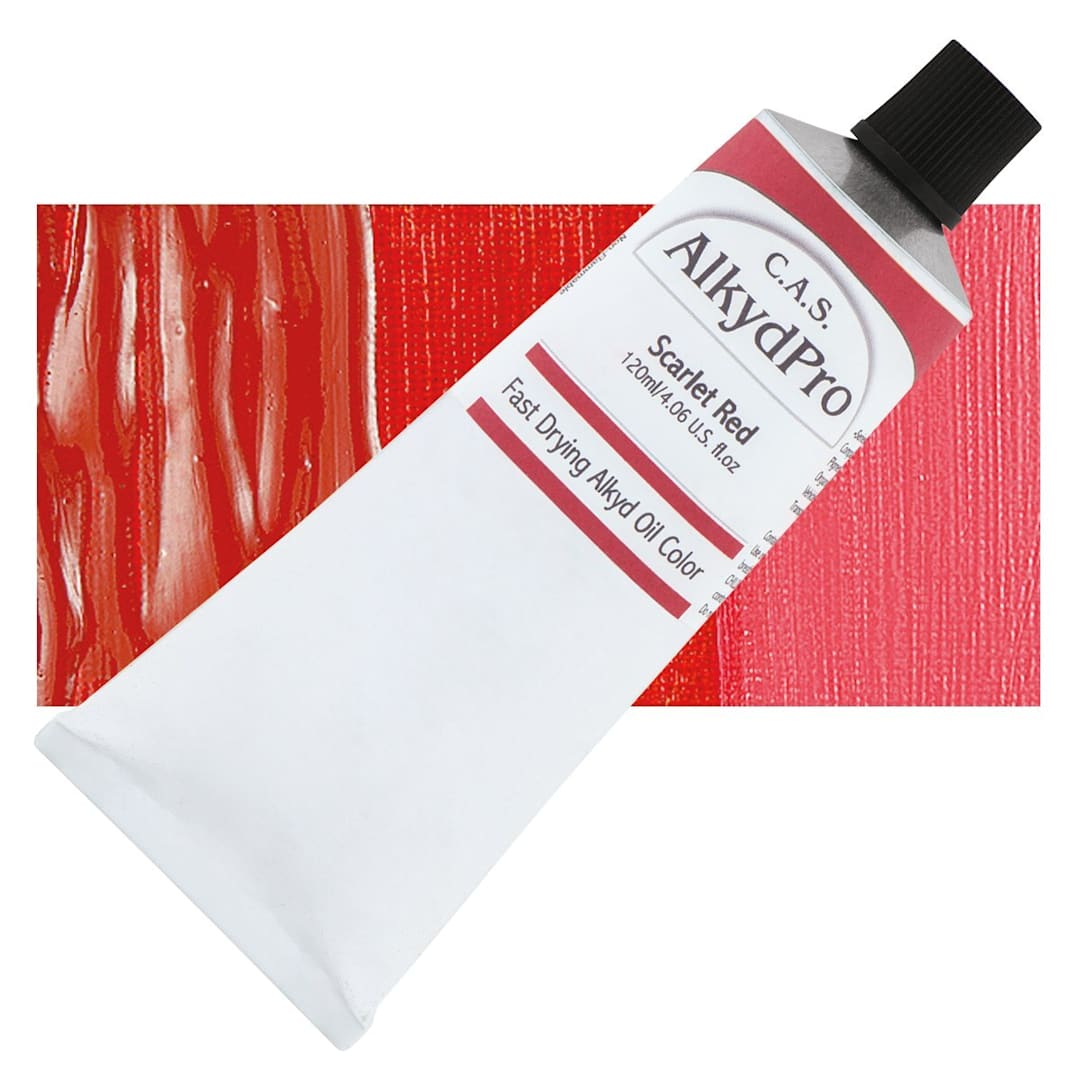 Open in modal - CAS AlkydPro Fast-Drying Alkyd Oil Color - Scarlet Red, 120 ml tube and swatch