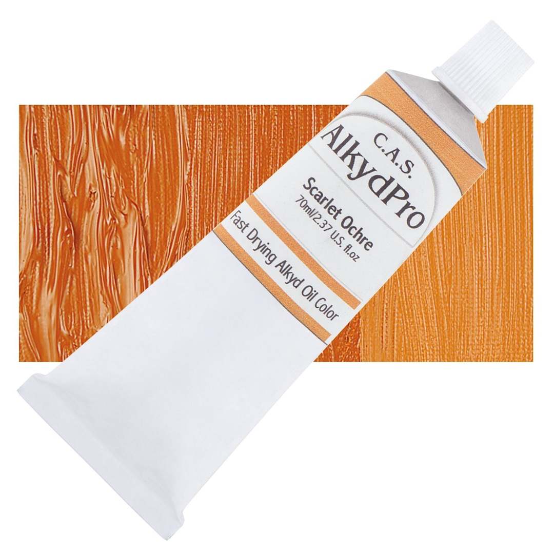 Open in modal - CAS AlkydPro Fast-Drying Alkyd Oil Color - Scarlet Ochre, 70 ml tube and swatch