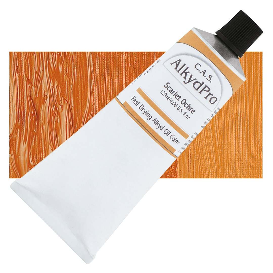 Open in modal - CAS AlkydPro Fast-Drying Alkyd Oil Color - Scarlet Ochre, 120 ml tube and swatch