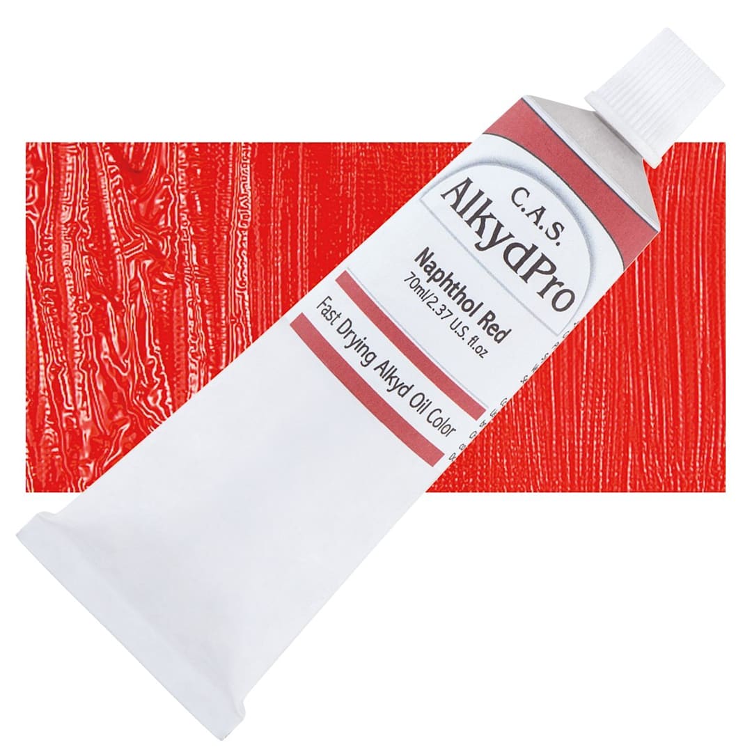 Open in modal - CAS AlkydPro Fast-Drying Alkyd Oil Color - Naphthol Red, 70 ml tube and swatch