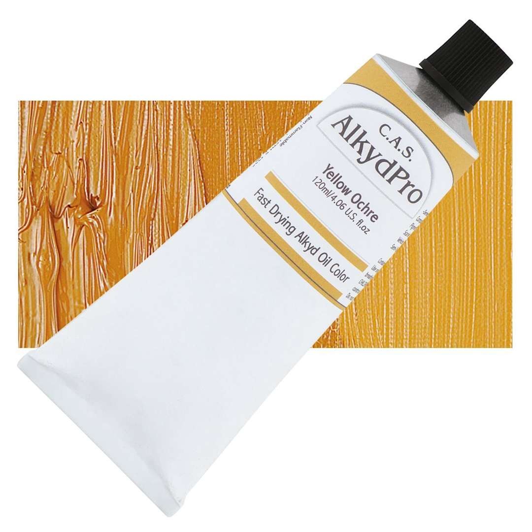 Open in modal - CAS AlkydPro Fast-Drying Alkyd Oil Color - Yellow Ochre, 120 ml tube and swatch