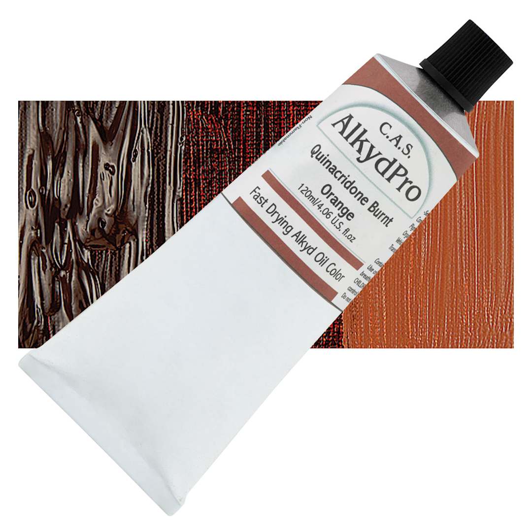 Open in modal - CAS AlkydPro Fast-Drying Alkyd Oil Color - Quinacridone Burnt Orange, 120 ml tube and swatch