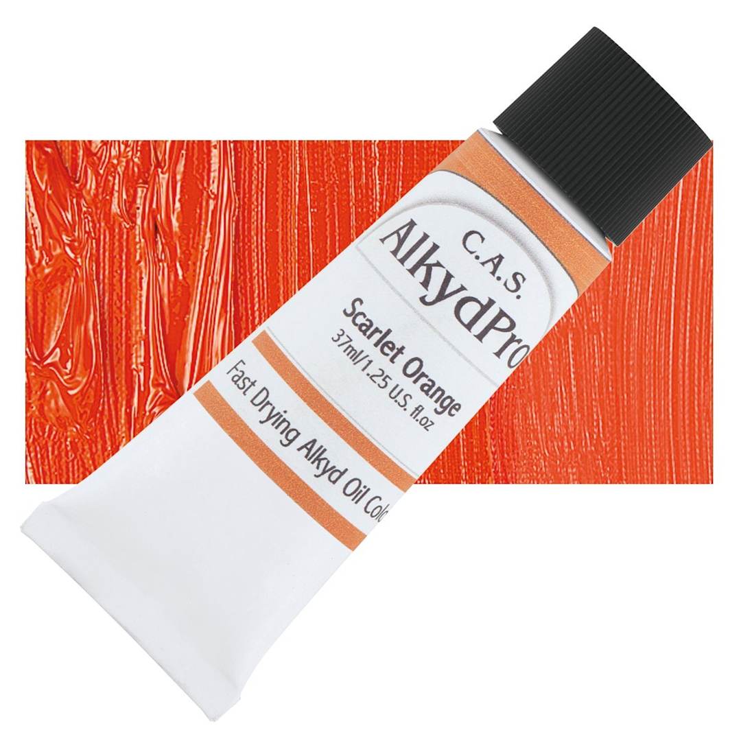 Open in modal - CAS AlkydPro Fast-Drying Alkyd Oil Color - Scarlet Orange, 37 ml tube and swatch