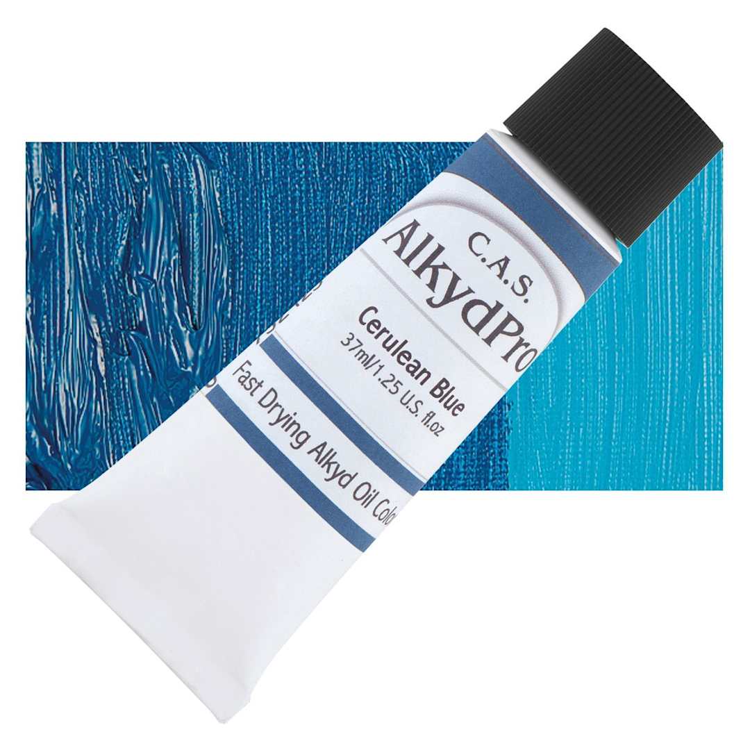 Open in modal - CAS AlkydPro Fast-Drying Alkyd Oil Color - Cerulean Blue, 37 ml tube and swatch