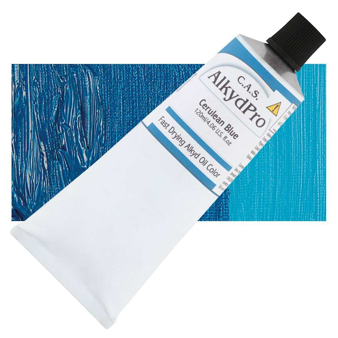 Open in modal - CAS AlkydPro Fast-Drying Alkyd Oil Color - Cerulean Blue, 120 ml tube and swatch