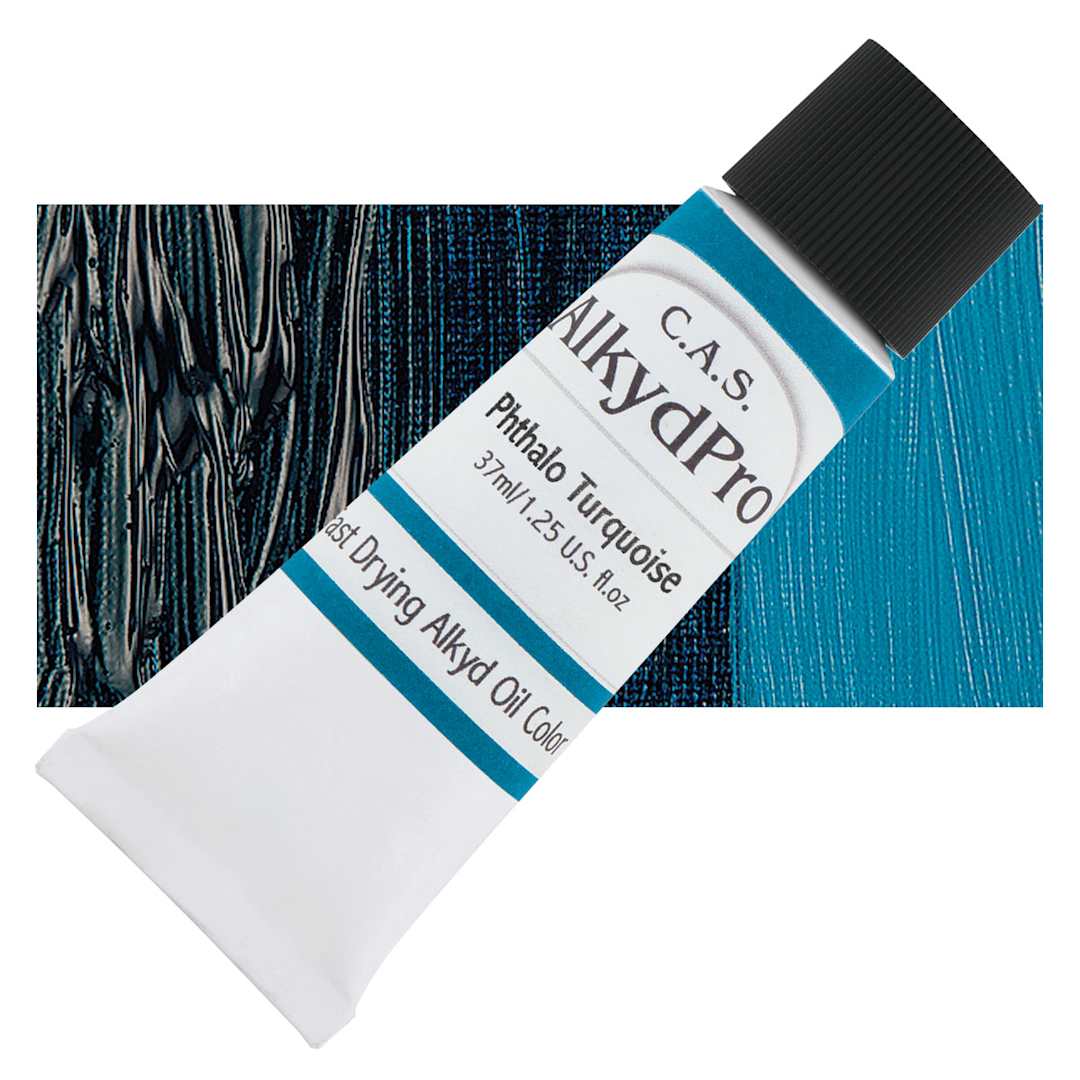 Open in modal - CAS AlkydPro Fast-Drying Alkyd Oil Color - Phthalo Turquoise, 37 ml tube and swatch