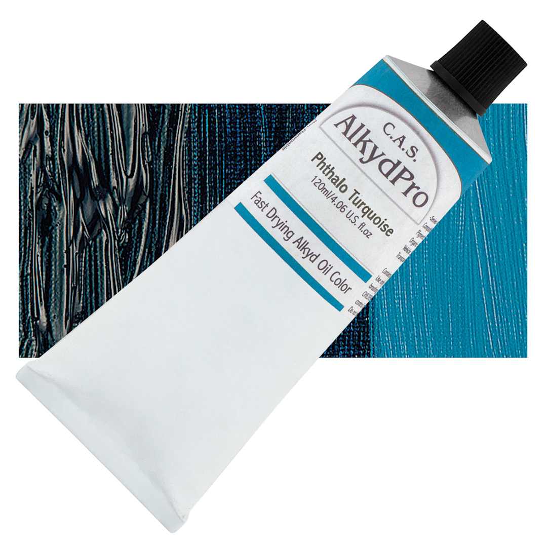 Open in modal - CAS AlkydPro Fast-Drying Alkyd Oil Color - Phthalo Turquoise, 120 ml tube and swatch
