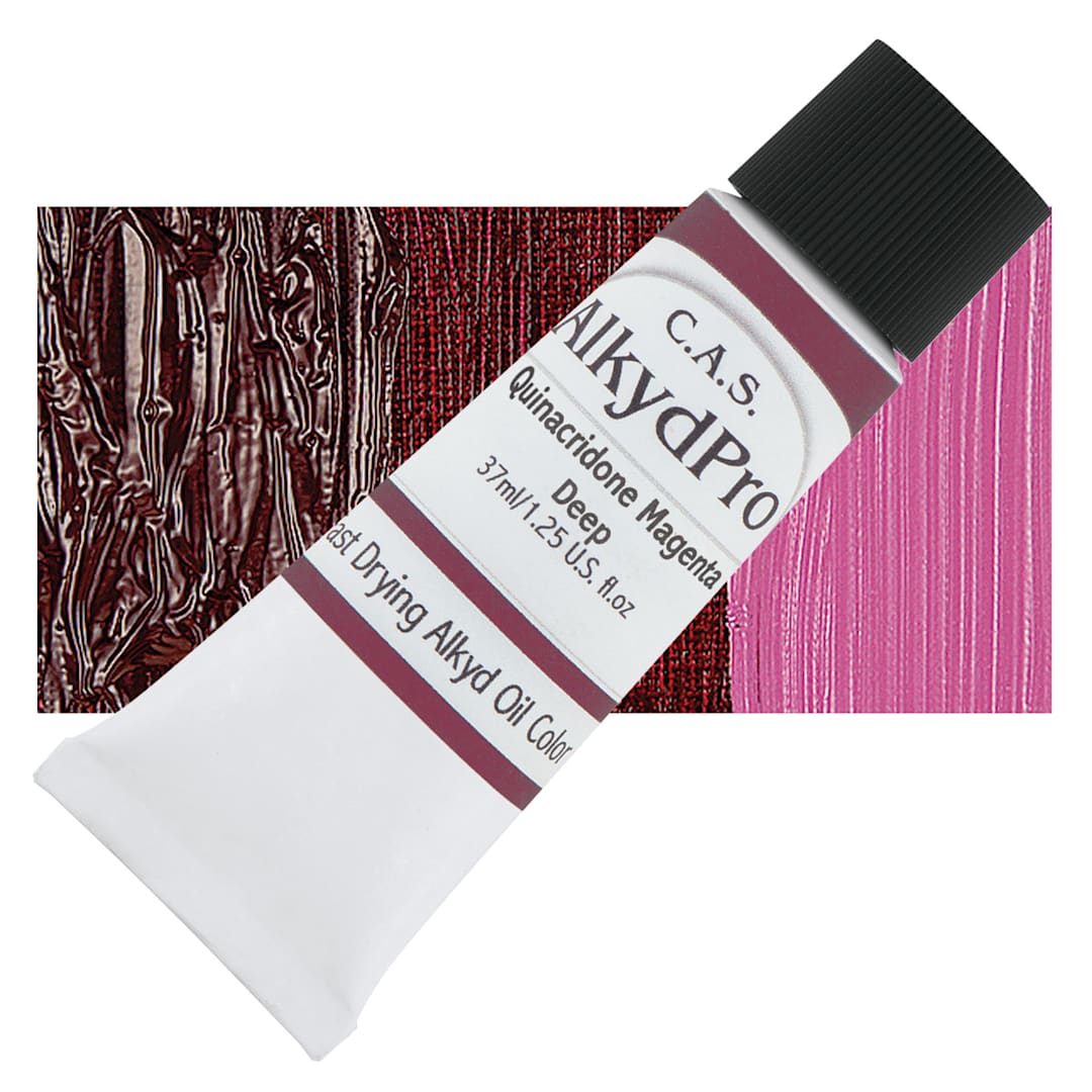 Open in modal - CAS AlkydPro Fast-Drying Alkyd Oil Color - Quinacridone Magenta Deep, 37 ml tube and swatch