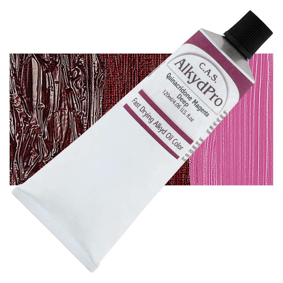 Open in modal - CAS AlkydPro Fast-Drying Alkyd Oil Color - Quinacridone Magenta Deep, 120 ml tube and swatch