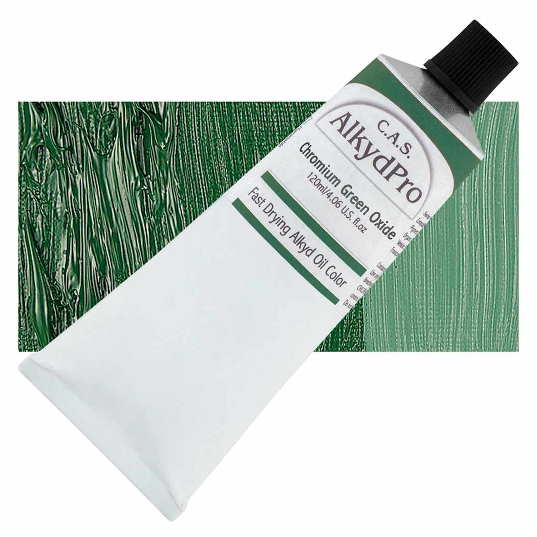 Open in modal - CAS AlkydPro Fast-Drying Alkyd Oil Color - Chromium Green Oxide, 120 ml tube and swatch