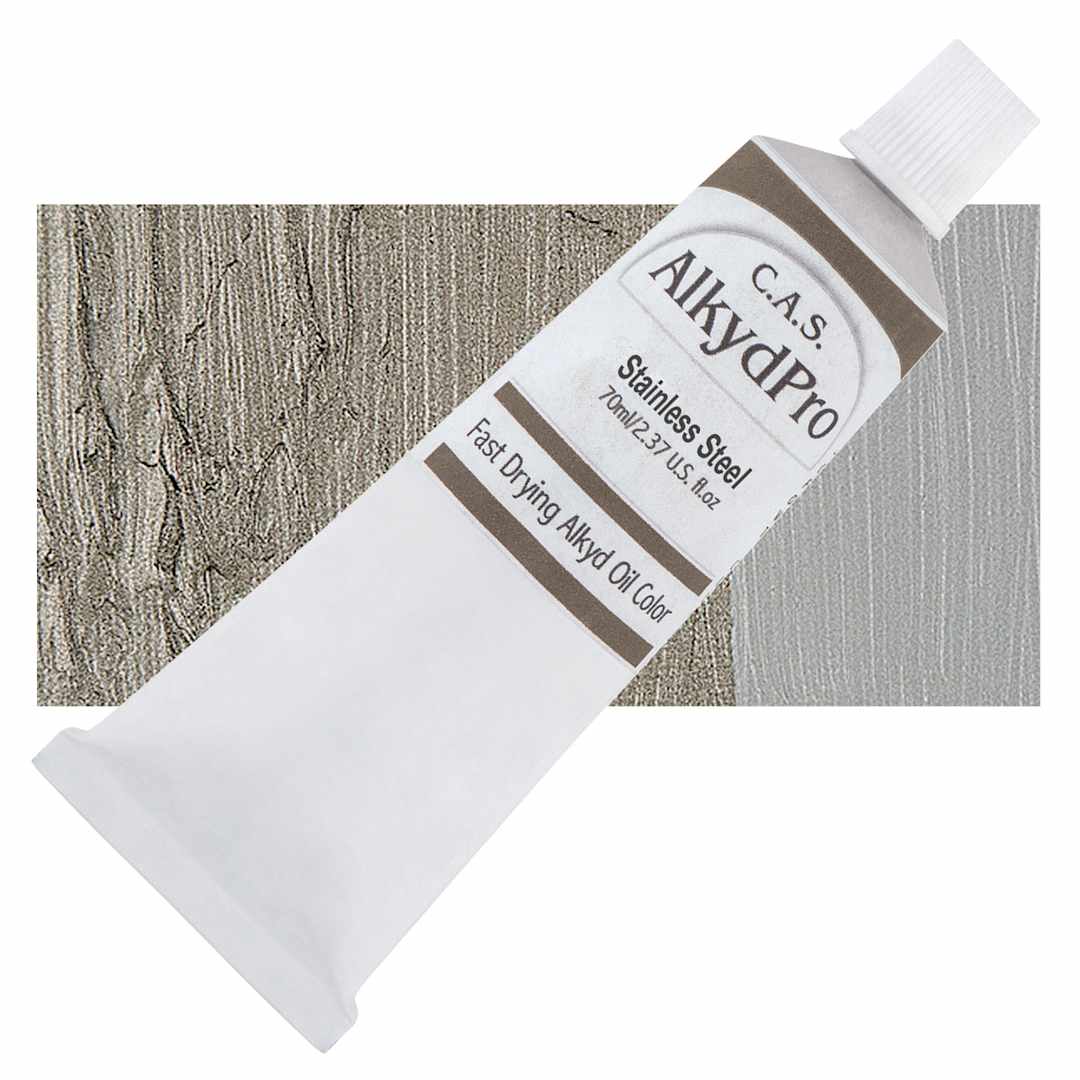 Open in modal - CAS AlkydPro Fast-Drying Alkyd Oil Color - Stainless Steel, 70 ml tube and swatch