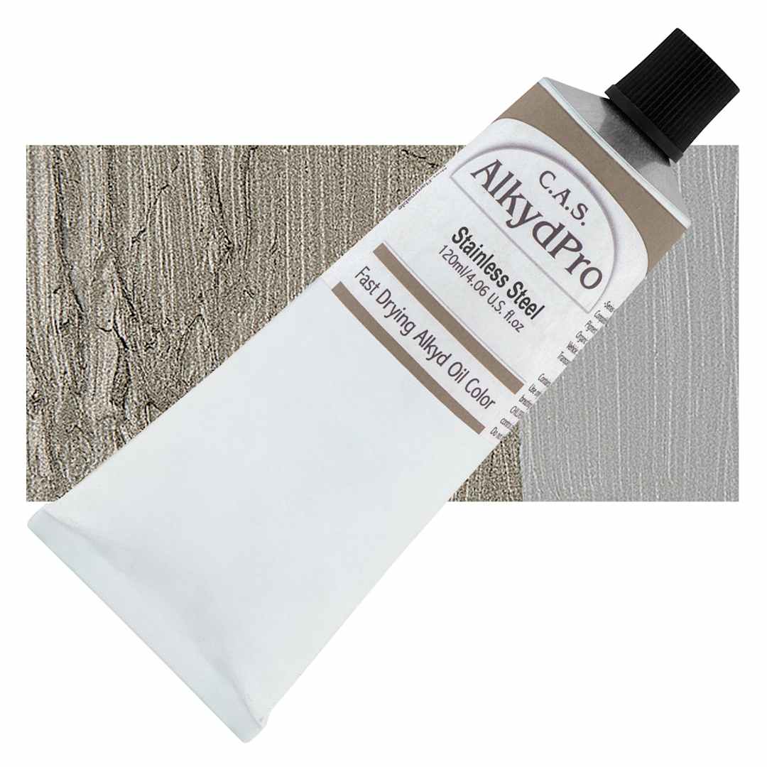 Open in modal - CAS AlkydPro Fast-Drying Alkyd Oil Color - Stainless Steel, 120 ml tube and swatch