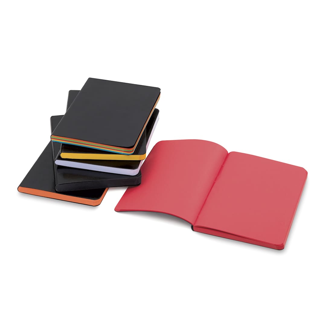Open in modal - Shizen Faux Leather Journal - Stack of different color journals with Red Journal open showing pages