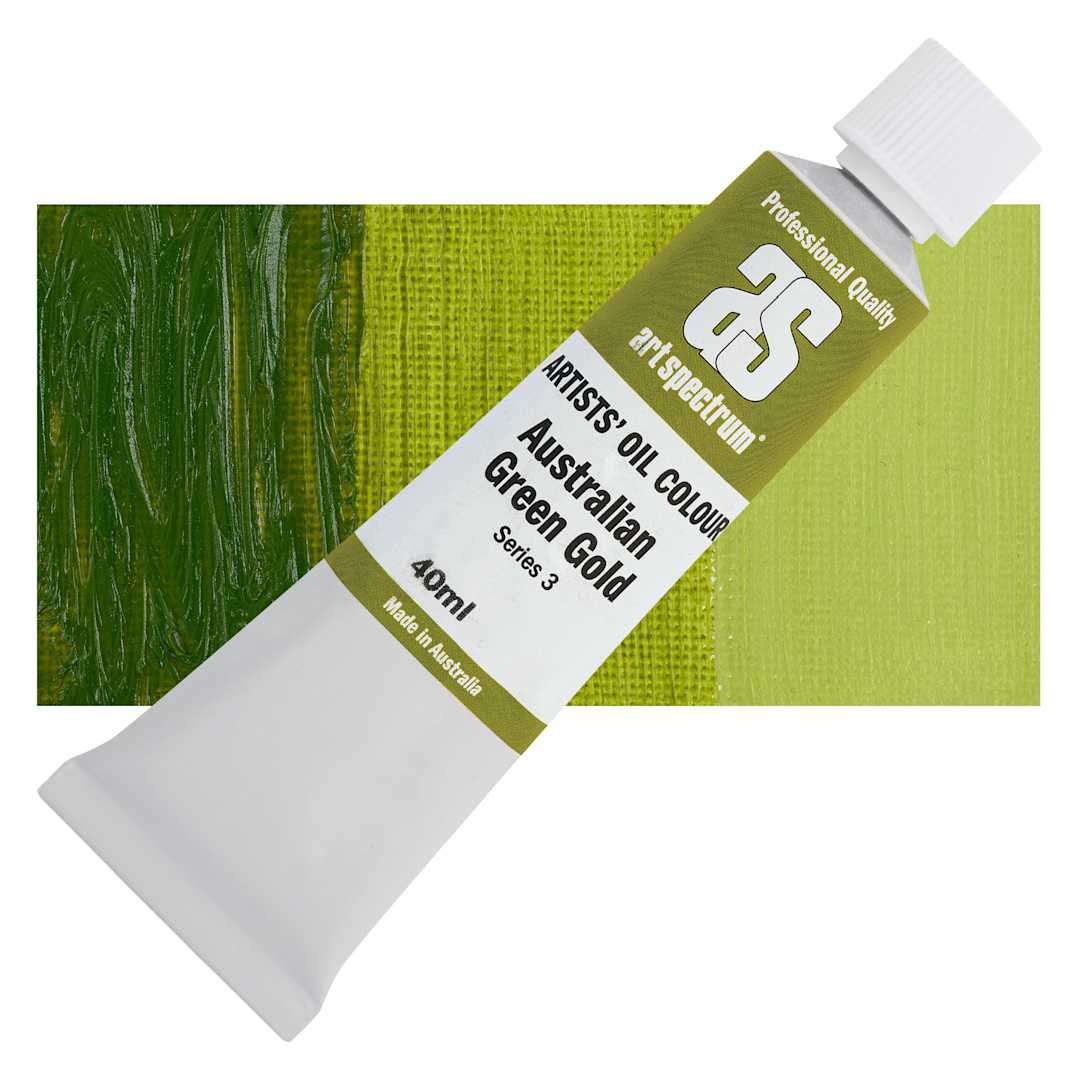 Open in modal - Art Spectrum Artists' Oil Paint - Australian Green Gold, 40 ml tube and swatch