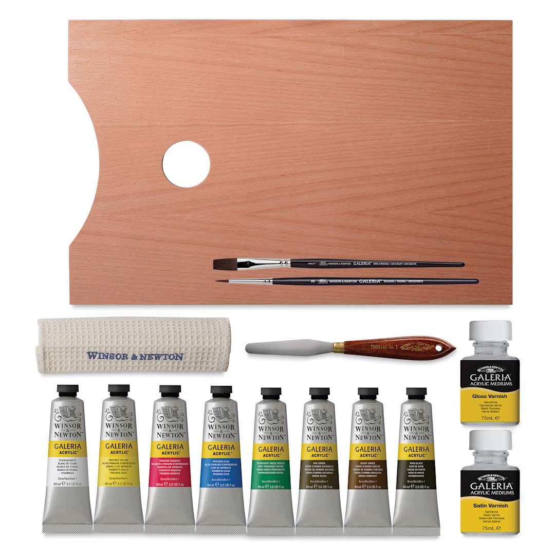 Open in modal - Winsor & Newton Galeria Acrylic Paint - Set of 15, Wood Box, Essential Colors set contents