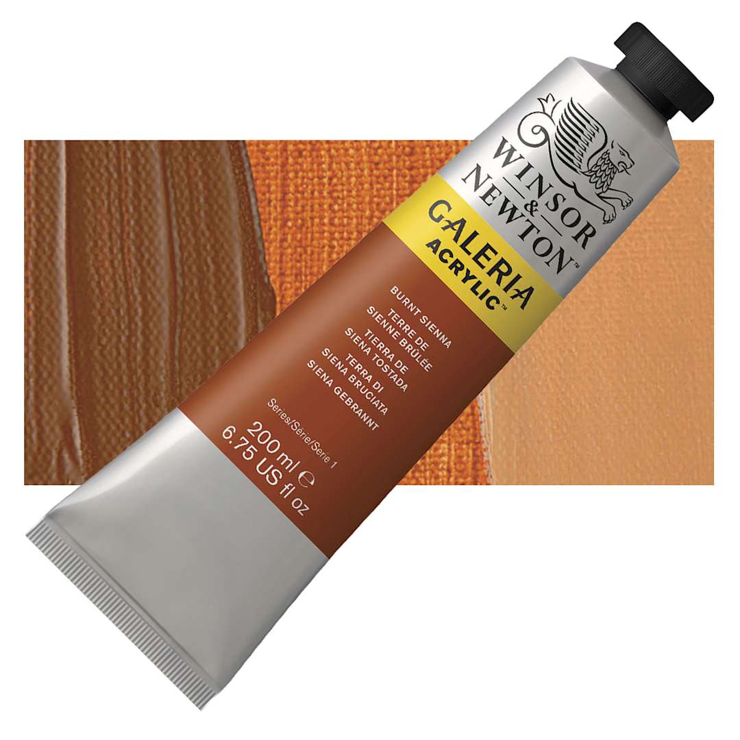 Open in modal - Winsor & Newton Galeria Flow Acrylic - Burnt Sienna, 200 ml tube and swatch