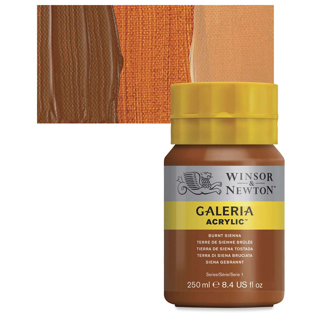 Open in modal - Winsor & Newton Galeria Flow Acrylic - Burnt Sienna, 250 ml tube and swatch