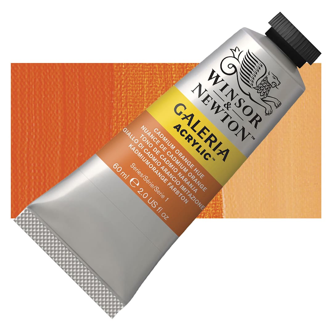 Open in modal - Winsor & Newton Galeria Flow Acrylic - Cadmium Orange Hue, 60 ml tube and swatch