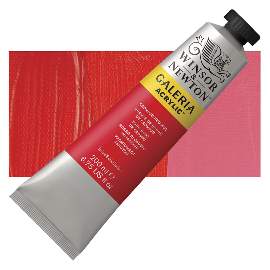 Open in modal - Winsor & Newton Galeria Flow Acrylic - Cadmium Red Hue, 200 ml tube and swatch
