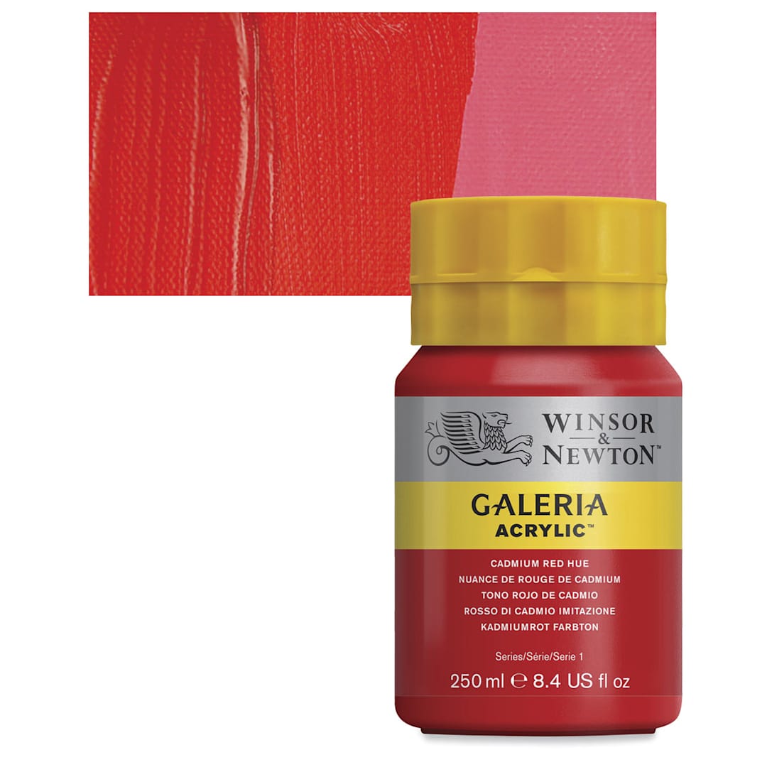 Open in modal - Winsor & Newton Galeria Flow Acrylic - Cadmium Red Hue, 250 ml tube and swatch