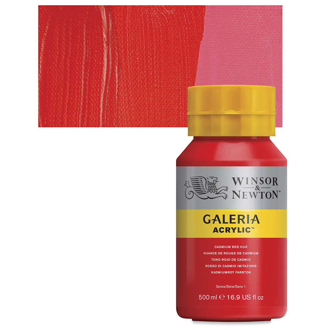 Open in modal - Winsor & Newton Galeria Flow Acrylic- Cadmium Red Hue, 500 ml tube and swatch
