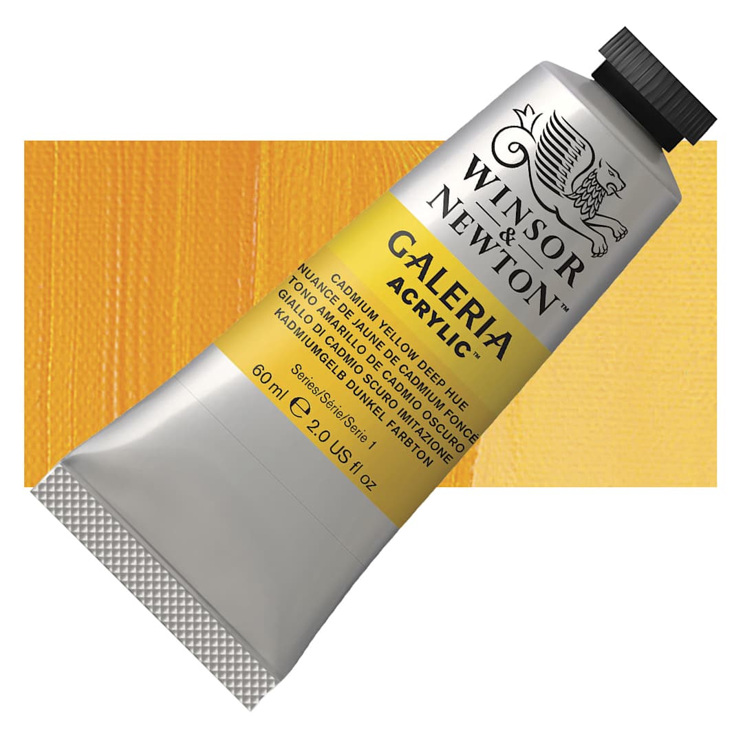 Open in modal - Winsor & Newton Galeria Flow Acrylic - Cadmium Yellow Deep Hue, 60 ml tube and swatch