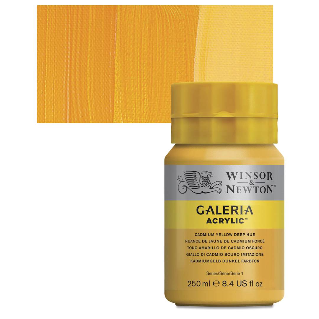 Open in modal - Winsor & Newton Galeria Flow Acrylic - Cadmium Yellow Deep Hue, 250 ml tube and swatch