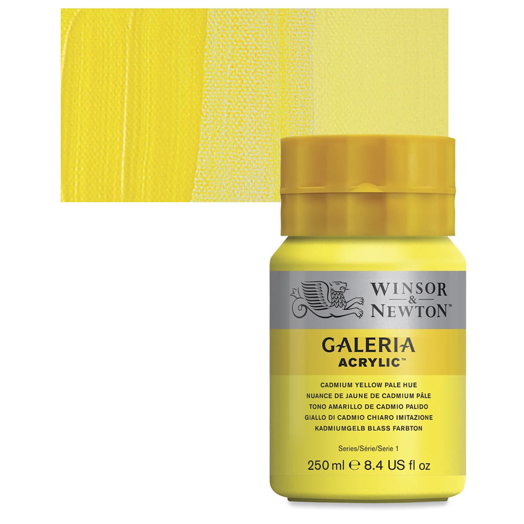 Open in modal - Winsor & Newton Galeria Flow Acrylic - Cadmium Yellow Pale Hue, 250 ml tube and swatch
