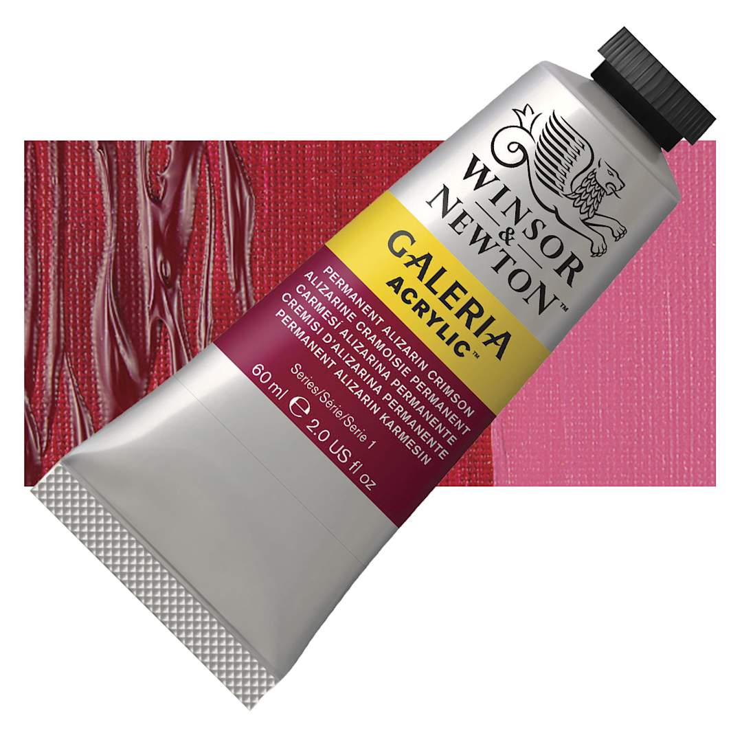 Open in modal - Winsor & Newton Galeria Flow Acrylic - Permanent Alizarin Crimson, 60 ml tube and swatch