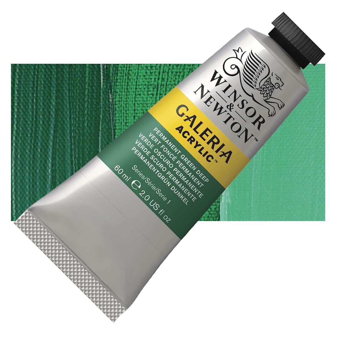 Open in modal - Winsor & Newton Galeria Flow Acrylic - Permanent Green Deep, 60 ml tube and swatch