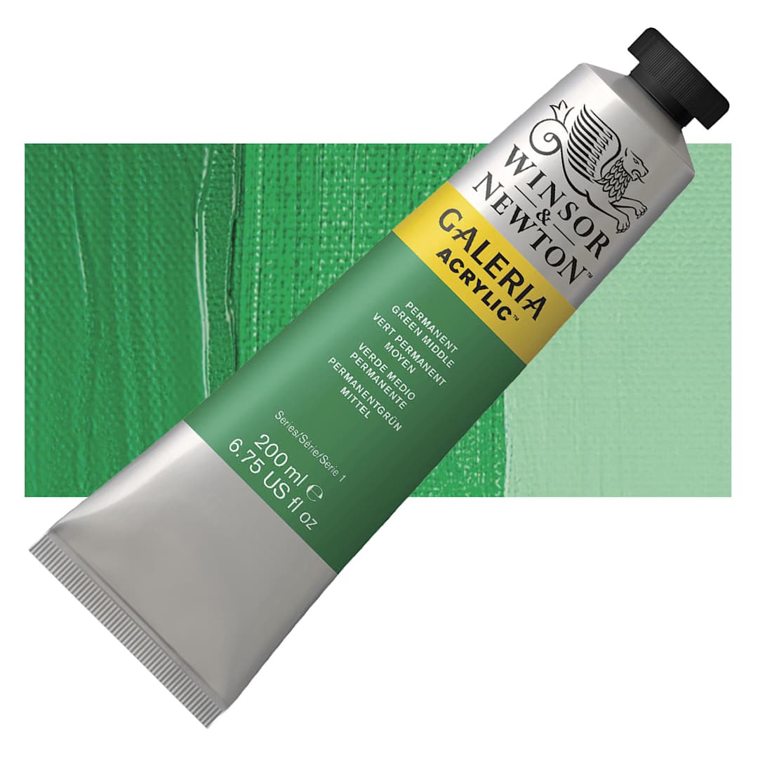 Open in modal - Winsor & Newton Galeria Flow Acrylic - Permanent Green Middle, 200 ml tube and swatch