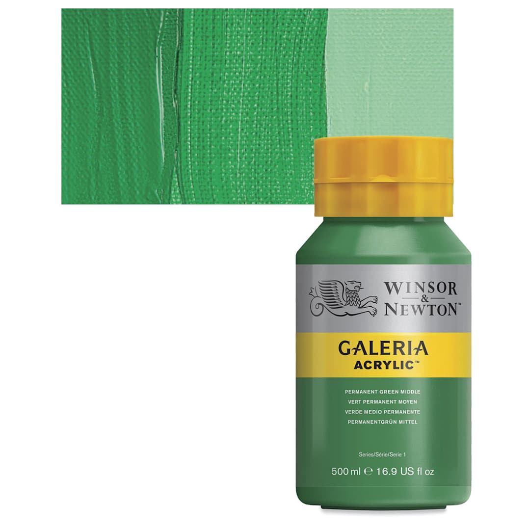 Open in modal - Winsor & Newton Galeria Flow Acrylic - Permanent Green Middle, 500 ml tube and swatch