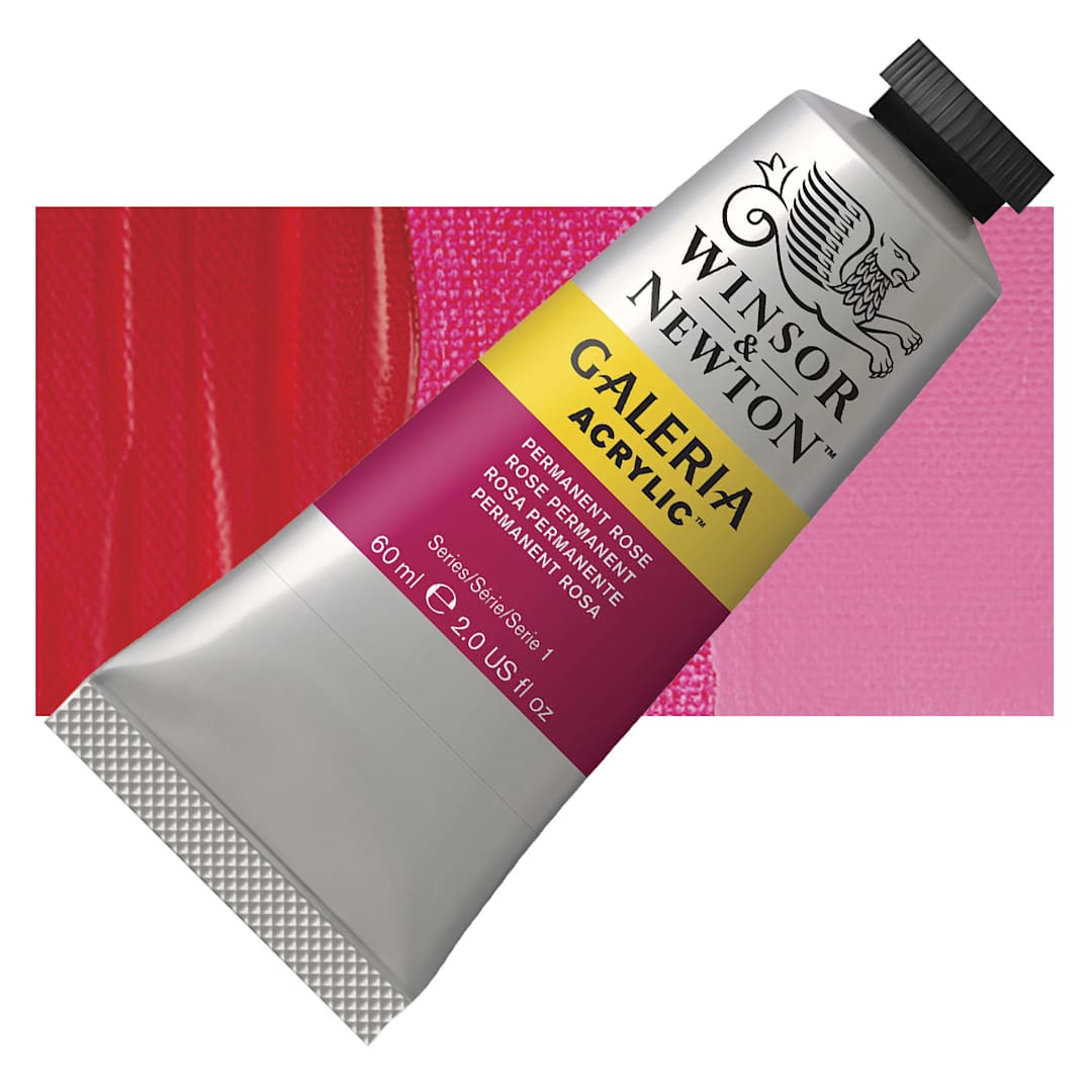 Open in modal - Winsor & Newton Galeria Flow Acrylic - Permanent Rose, 60 ml tube and swatch