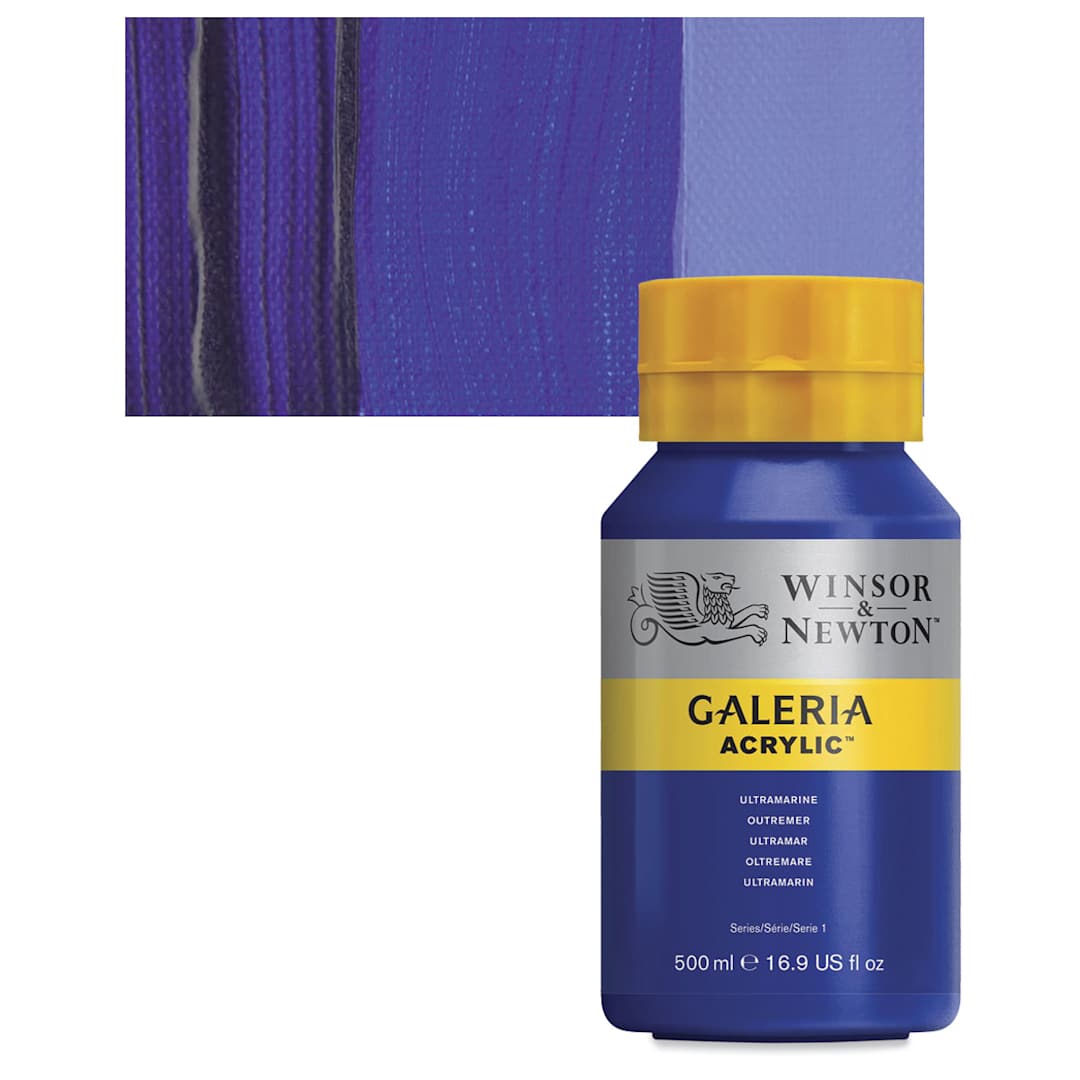 Open in modal - Winsor & Newton Galeria Flow Acrylic - Ultramarine, 500 ml tube and swatch