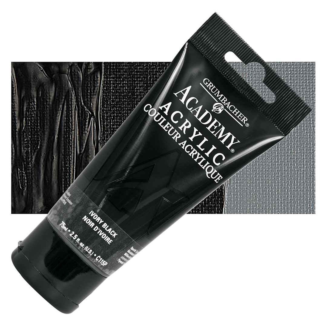 Open in modal - Grumbacher Academy Acrylic - Ivory Black, 75 ml tube and swatch