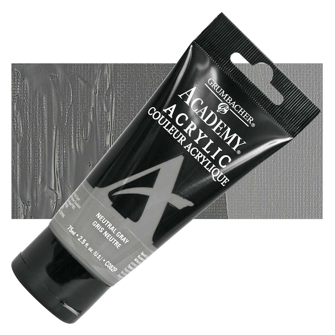 Open in modal - Grumbacher Academy Acrylic - Neutral Gray, 75 ml tube and swatch