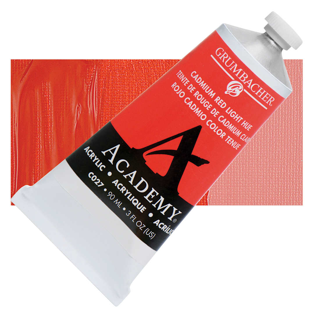 Open in modal - Grumbacher Academy Acrylic - Cadmium Red Light Hue, 90 ml tube and swatch