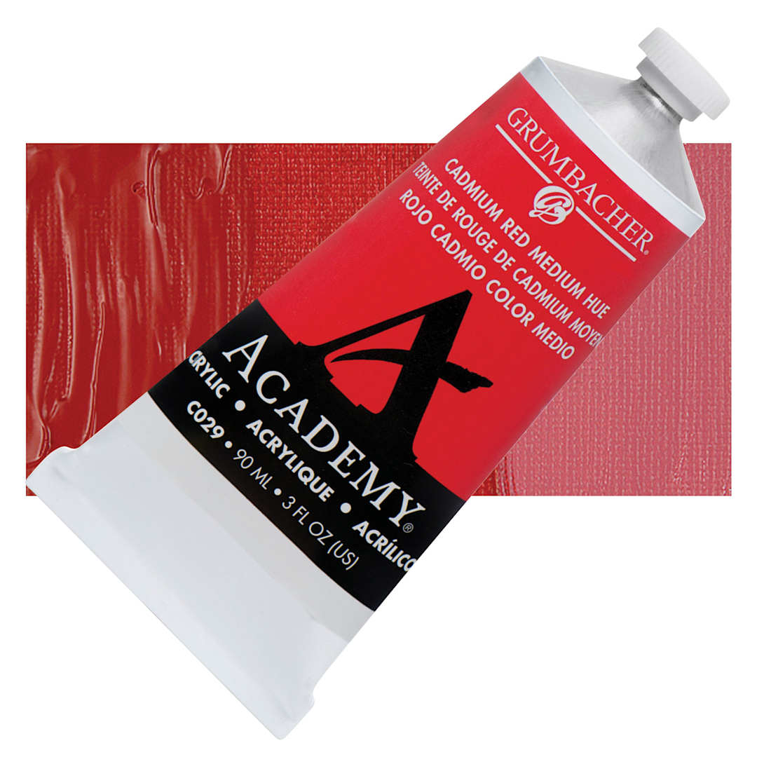 Open in modal - Grumbacher Academy Acrylic - Cadmium Red Medium Hue, 90 ml tube and swatch