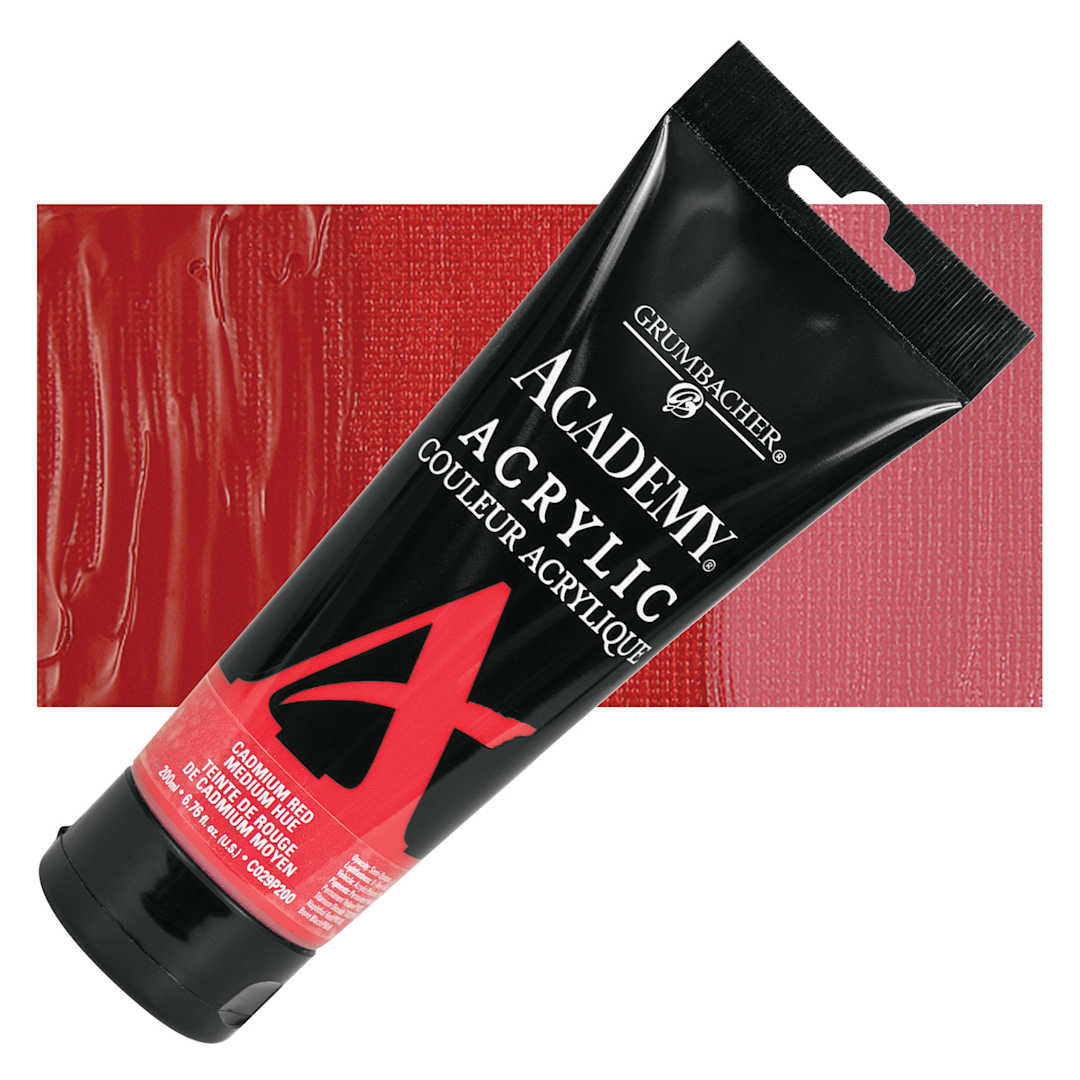 Open in modal - Grumbacher Academy Acrylic - Cadmium Red Medium Hue, 200 ml tube and swatch