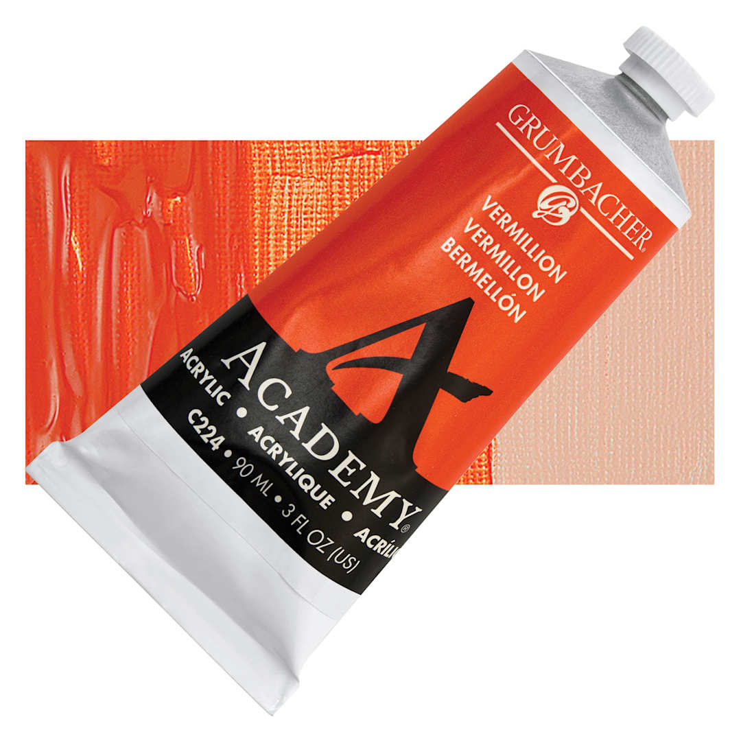 Open in modal - Grumbacher Academy Acrylic - Vermilion, 90 ml tube and swatch