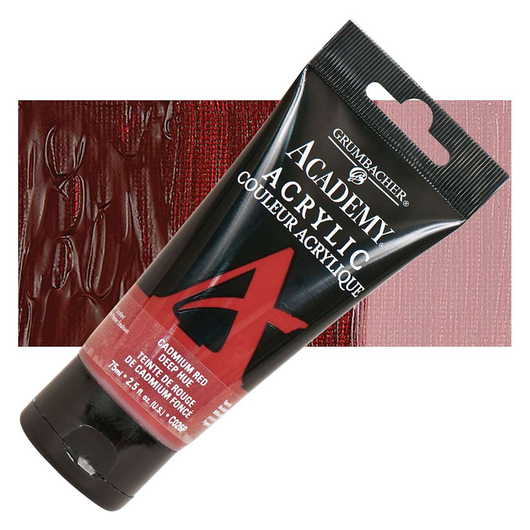 Open in modal - Grumbacher Academy Acrylic - Cadmium Red Deep Hue, 75 ml tube and swatch
