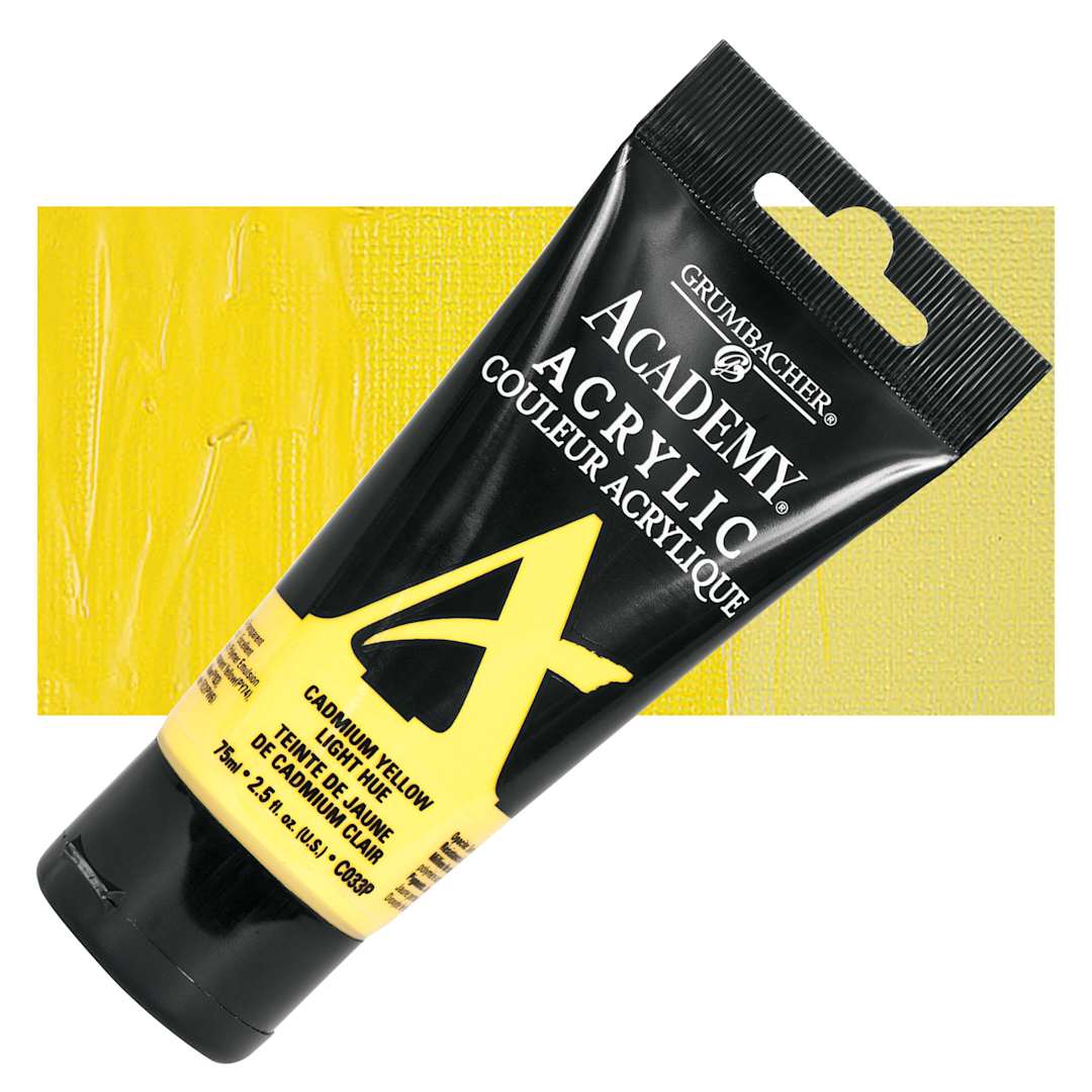 Open in modal - Grumbacher Academy Acrylic - Cadmium Yellow Light Hue, 75 ml tube and swatch