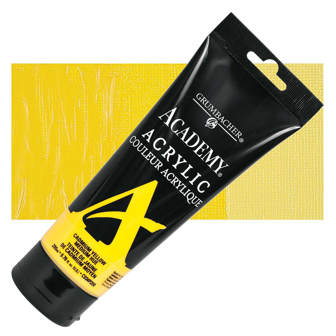Open in modal - Grumbacher Academy Acrylic - Cadmium Yellow Medium Hue, 200 ml tube and swatch
