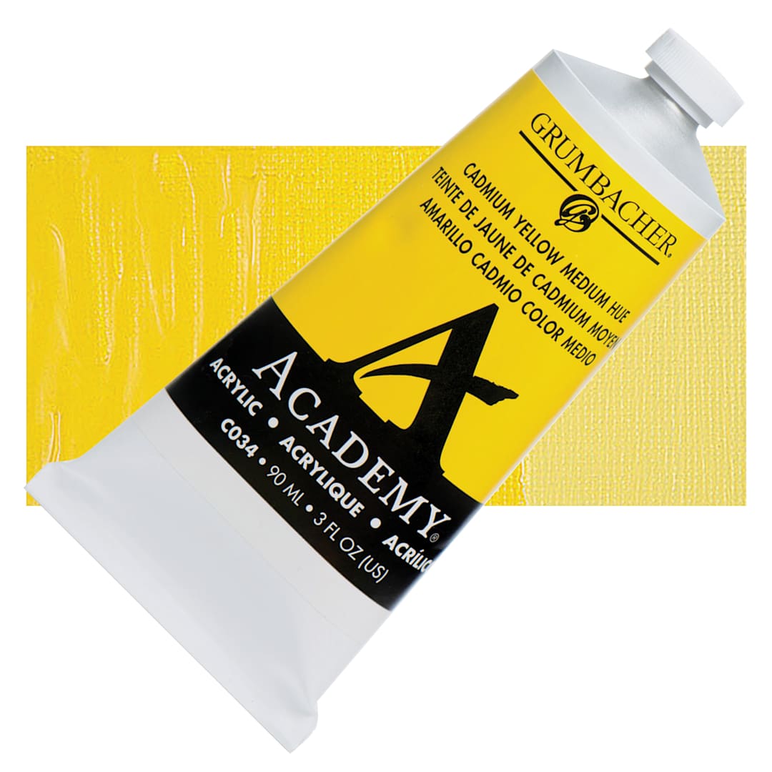 Open in modal - Grumbacher Academy Acrylic - Cadmium Yellow Medium Hue, 90 ml tube and swatch