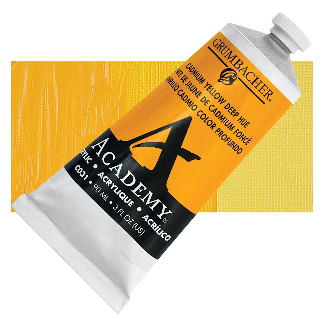 Open in modal - Grumbacher Academy Acrylic - Cadmium Yellow Deep Hue, 90 ml tube and swatch