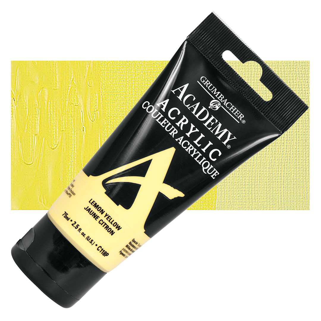 Open in modal - Grumbacher Academy Acrylic - Lemon Yellow, 75 ml tube and swatch