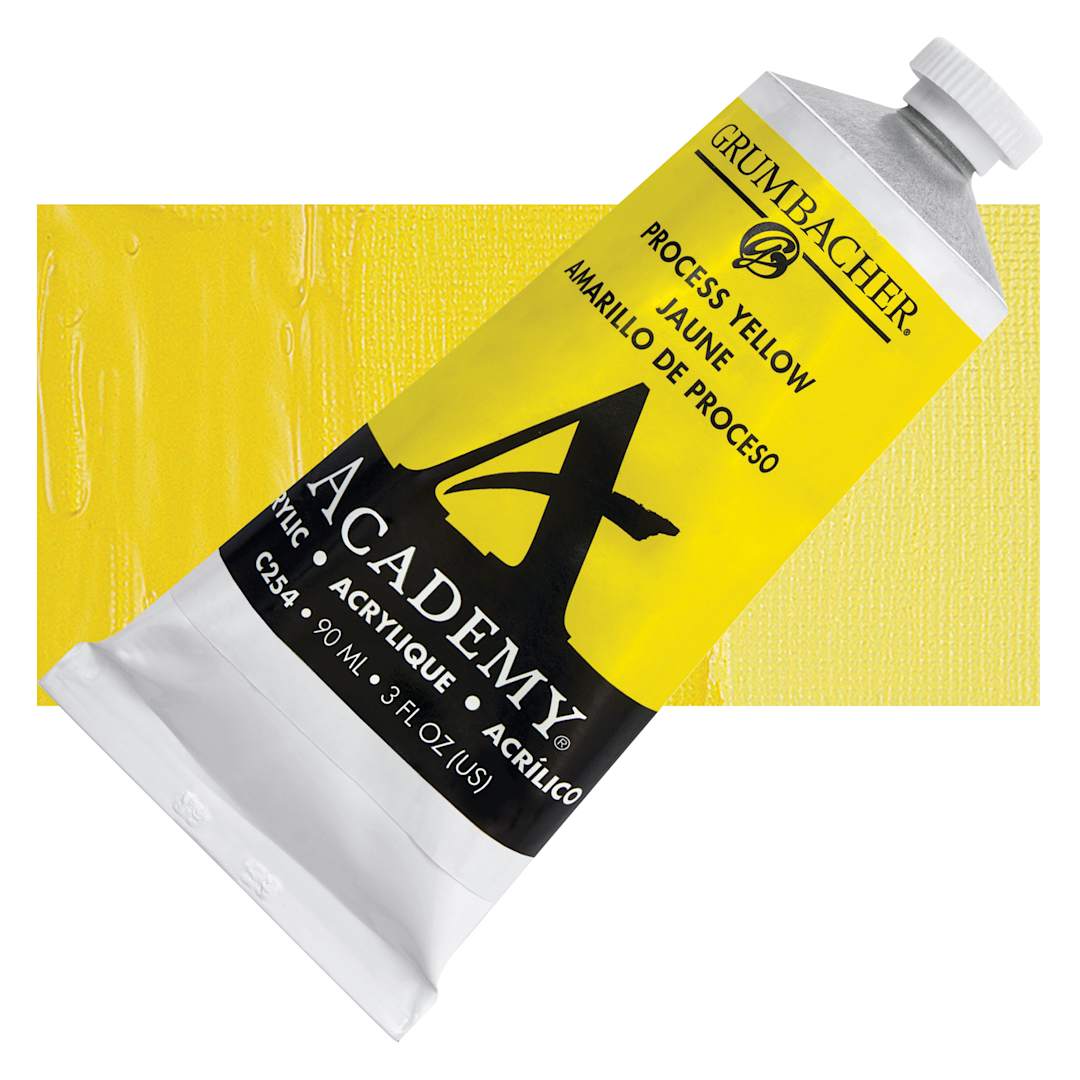 Open in modal - Grumbacher Academy Acrylic - Process Yellow, 90 ml tube and swatch
